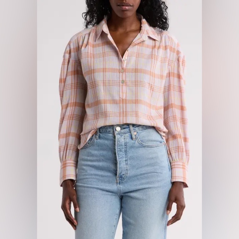 Nwt Faherty Celina Organic Cotton Blend Plaid Lightweight Blouse Top Size Xxs